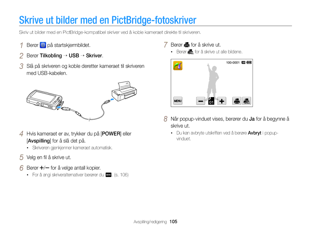 Samsung EC-ST65ZZBPUE2, EC-ST65ZZBPRE2, EC-ST65ZZBPSE2, EC-ST65ZZBPEE2 manual Skrive ut bilder med en PictBridge-fotoskriver 