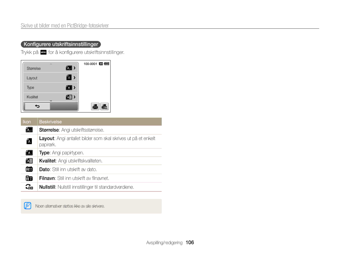 Samsung EC-ST65ZZBPEE2, EC-ST65ZZBPRE2 Skrive ut bilder med en PictBridge-fotoskriver, Konﬁgurere utskriftsinnstillinger 