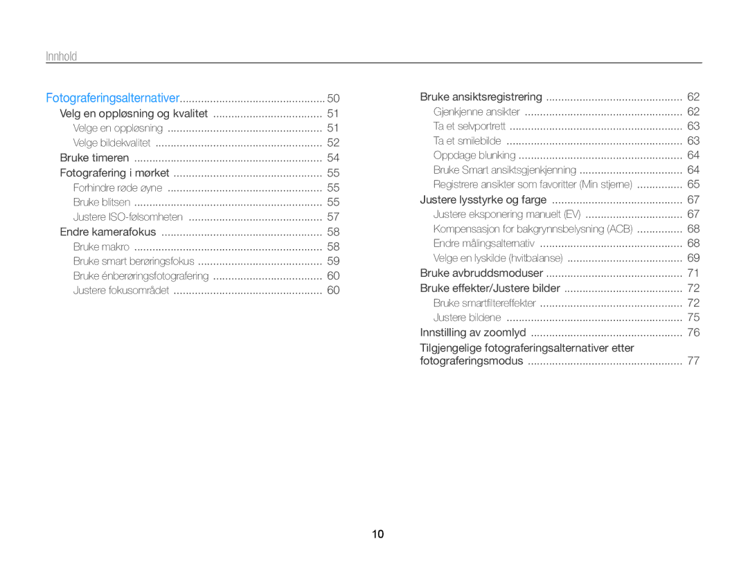 Samsung EC-ST65ZZBPEE2, EC-ST65ZZBPRE2, EC-ST65ZZBPSE2, EC-ST65ZZBPUE2 manual Innhold 