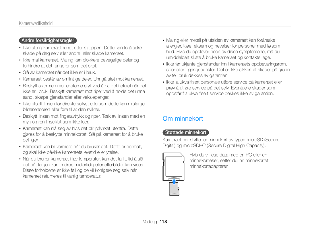 Samsung EC-ST65ZZBPEE2, EC-ST65ZZBPRE2, EC-ST65ZZBPSE2 manual Om minnekort, Andre forsiktighetsregler, Støttede minnekort 