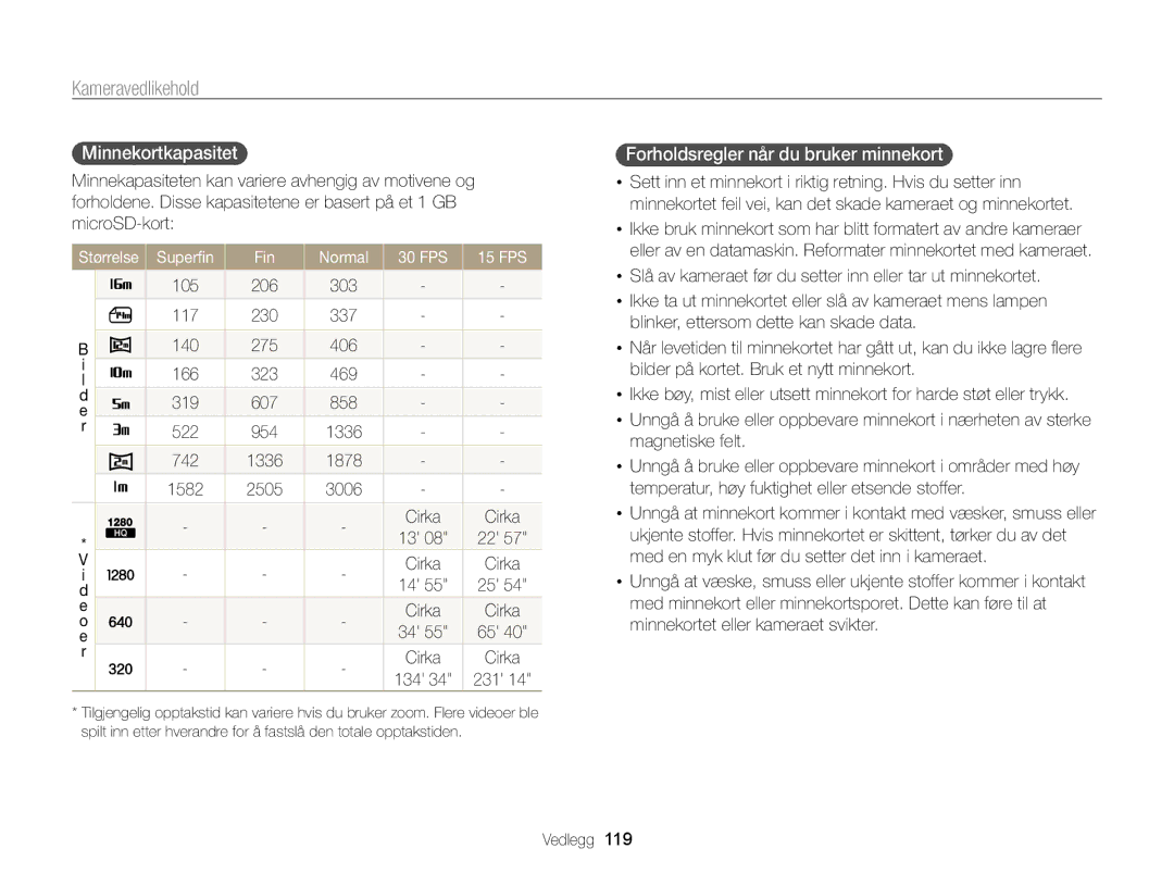 Samsung EC-ST65ZZBPRE2, EC-ST65ZZBPSE2, EC-ST65ZZBPUE2 Minnekortkapasitet, Forholdsregler når du bruker minnekort, 134 231 