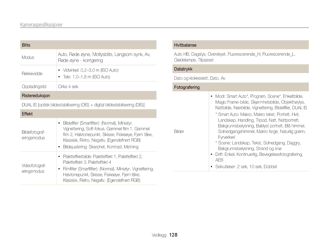 Samsung EC-ST65ZZBPSE2, EC-ST65ZZBPRE2, EC-ST65ZZBPUE2, EC-ST65ZZBPEE2 manual Kameraspesiﬁkasjoner 