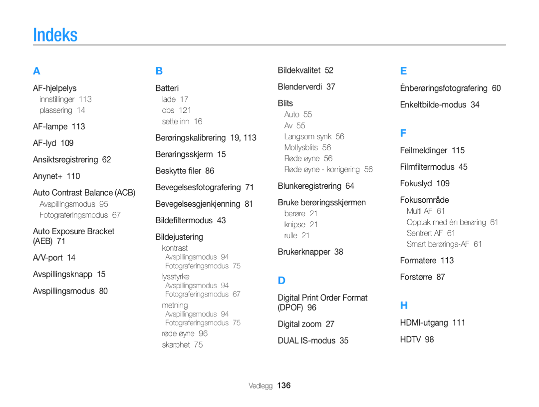 Samsung EC-ST65ZZBPSE2 manual Indeks, Innstillinger 113 plassering, Lade 17 obs 121 sette inn, Røde øyne 96 skarphet 