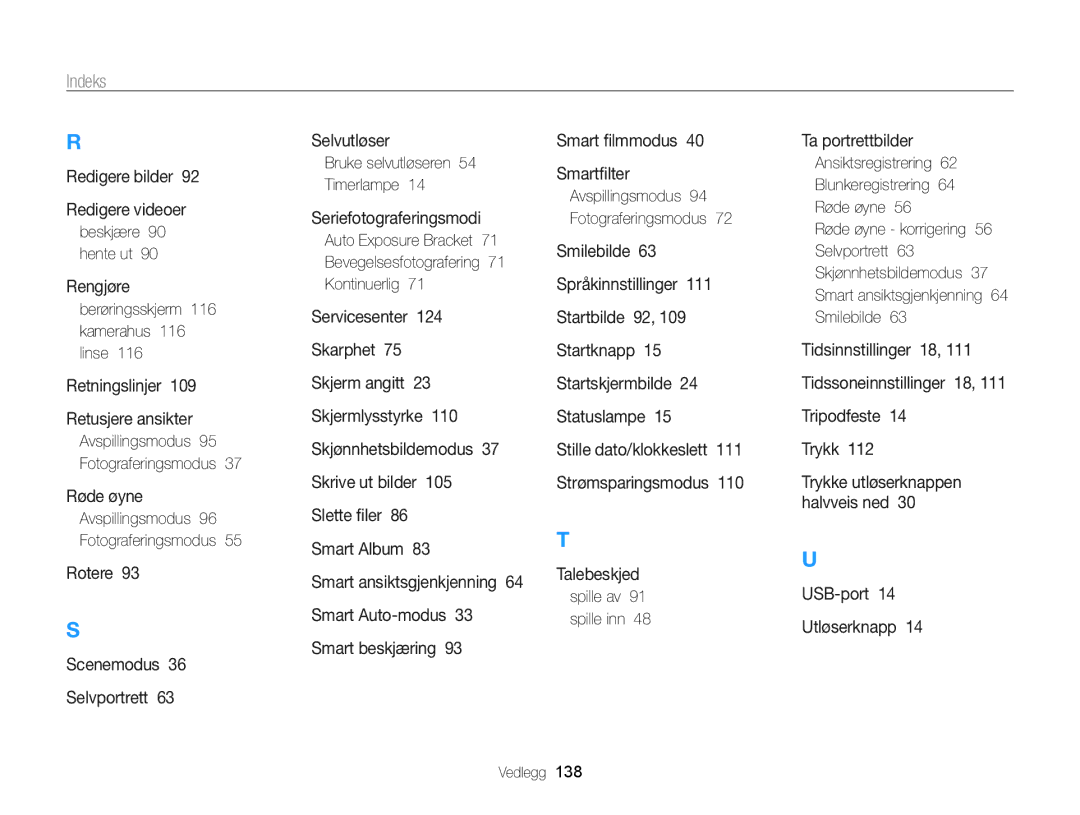 Samsung EC-ST65ZZBPEE2 manual Beskjære 90 hente ut, Berøringsskjerm 116 kamerahus 116 linse, Bruke selvutløseren Timerlampe 