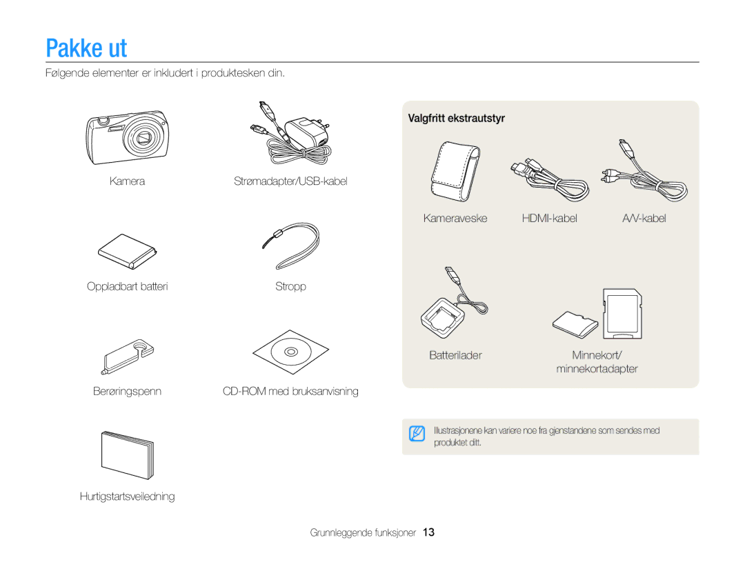 Samsung EC-ST65ZZBPUE2, EC-ST65ZZBPRE2, EC-ST65ZZBPSE2 manual Pakke ut, BatteriladerMinnekort/ minnekortadapter Berøringspenn 