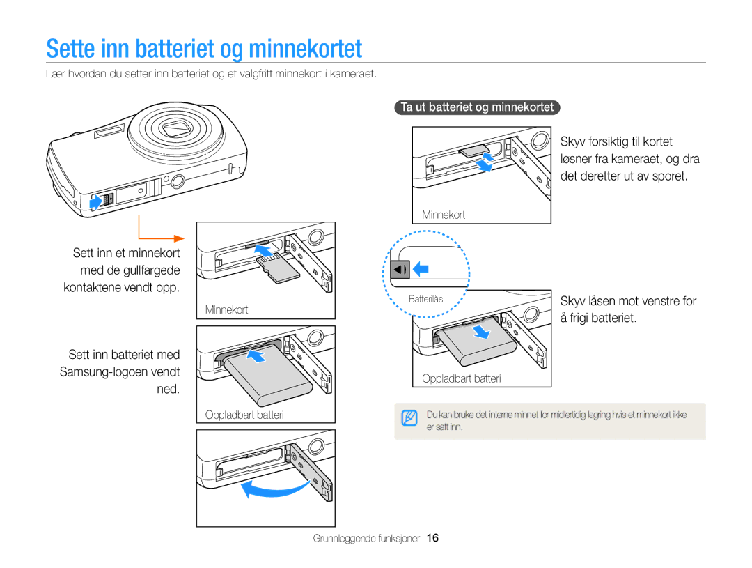 Samsung EC-ST65ZZBPSE2, EC-ST65ZZBPRE2 Sette inn batteriet og minnekortet, Sett inn batteriet med Samsung-logoen vendt ned 