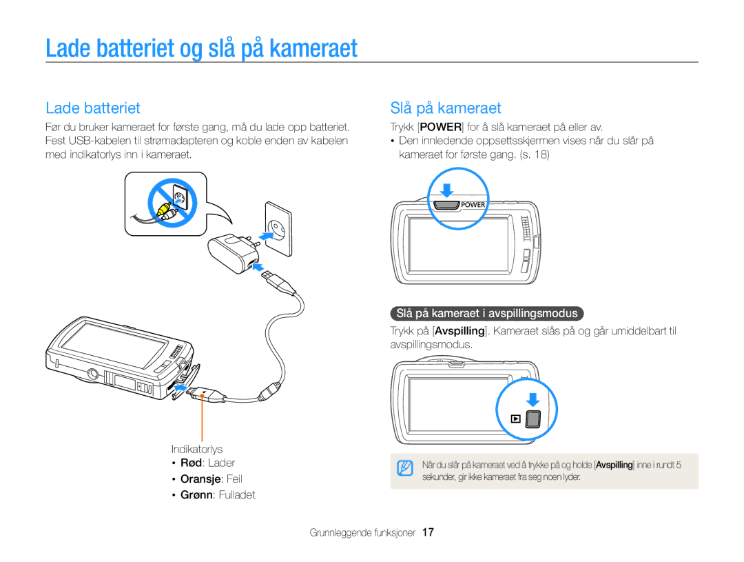 Samsung EC-ST65ZZBPUE2, EC-ST65ZZBPRE2 manual Lade batteriet og slå på kameraet, Slå på kameraet i avspillingsmodus 