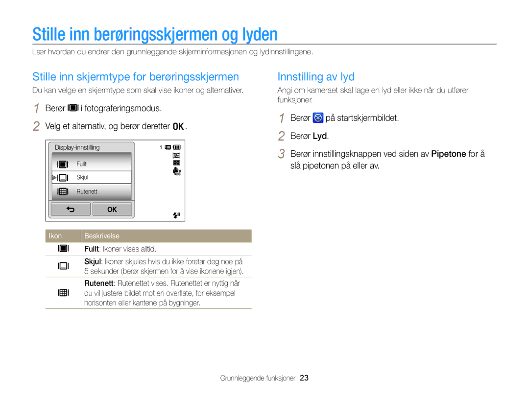 Samsung EC-ST65ZZBPRE2, EC-ST65ZZBPSE2 Stille inn berøringsskjermen og lyden, Stille inn skjermtype for berøringsskjermen 