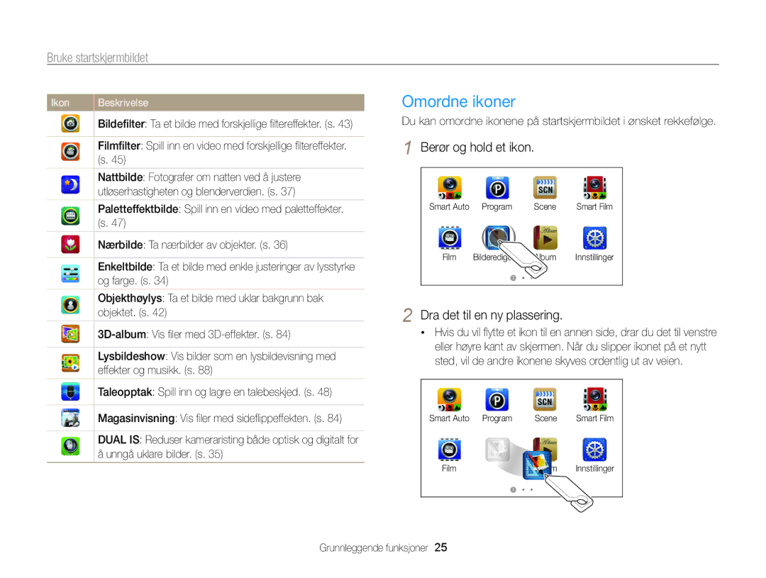 Samsung EC-ST65ZZBPUE2 manual Omordne ikoner, Bruke startskjermbildet, Berør og hold et ikon, Dra det til en ny plassering 