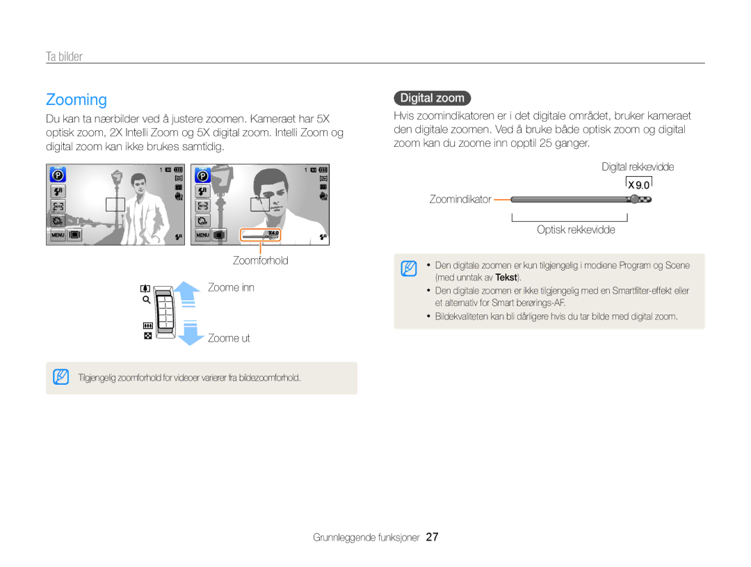 Samsung EC-ST65ZZBPRE2, EC-ST65ZZBPSE2, EC-ST65ZZBPUE2, EC-ST65ZZBPEE2 manual Zooming, Ta bilder, Digital zoom 
