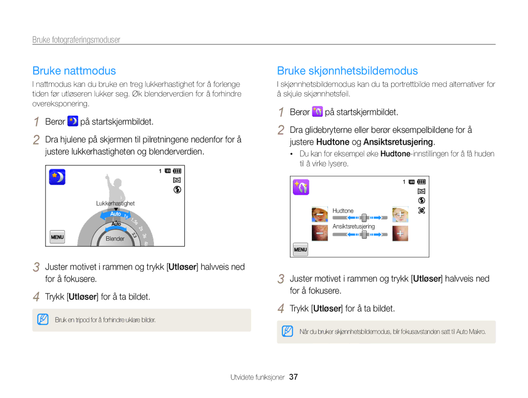 Samsung EC-ST65ZZBPUE2 manual Bruke nattmodus, Bruke skjønnhetsbildemodus, Justere lukkerhastigheten og blenderverdien 