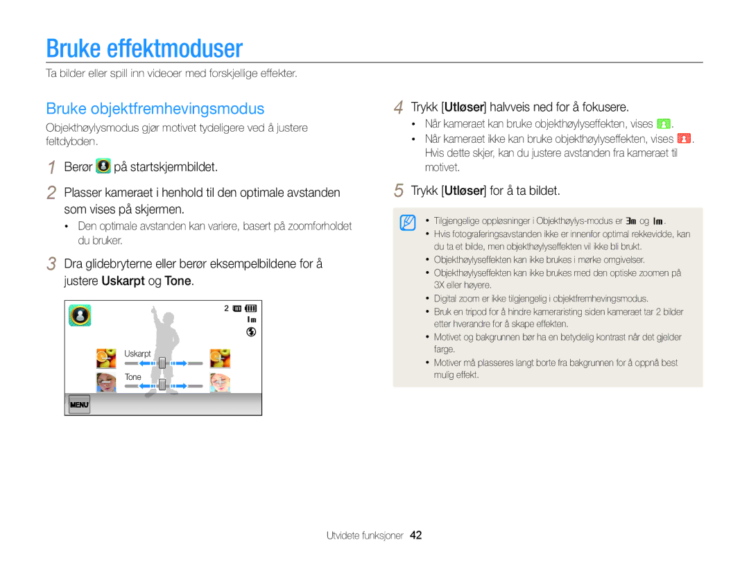 Samsung EC-ST65ZZBPEE2 Bruke effektmoduser, Bruke objektfremhevingsmodus, Som vises på skjermen, Justere Uskarpt og Tone 