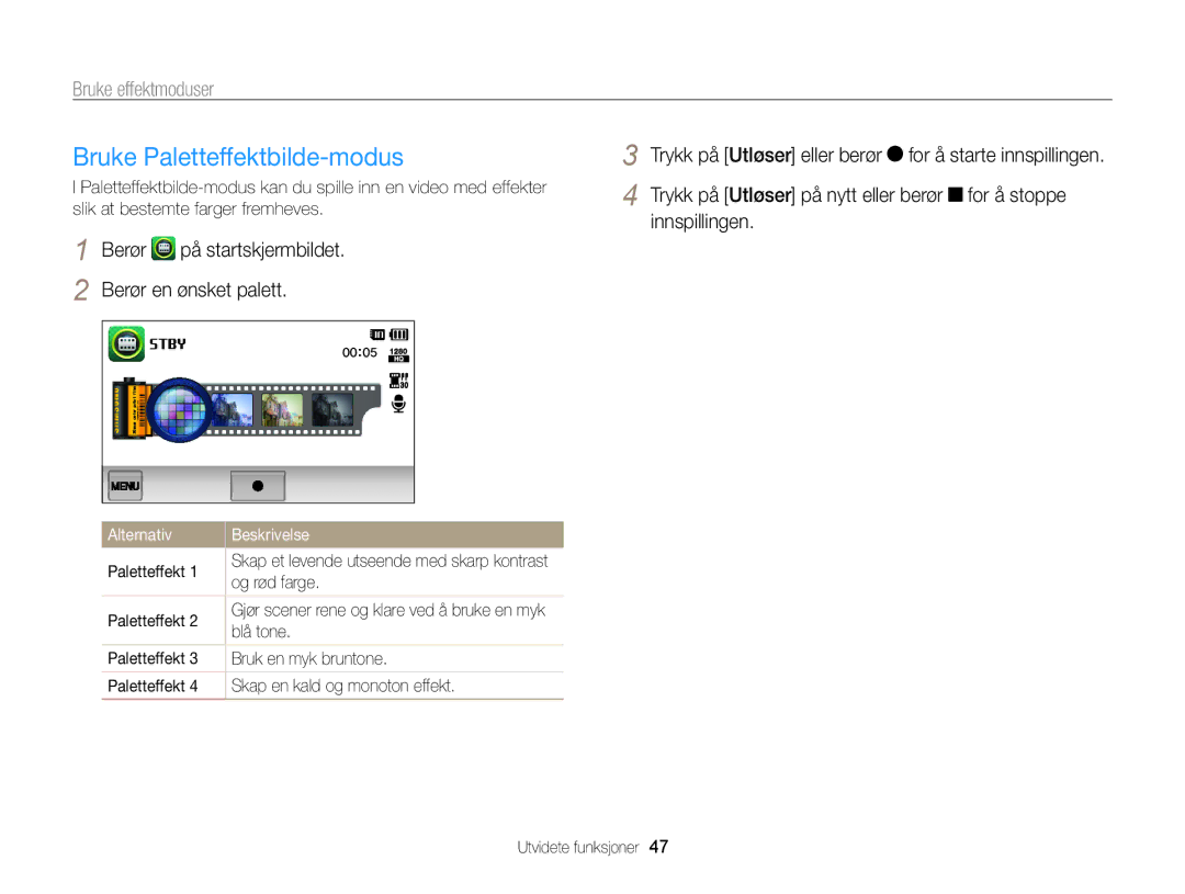 Samsung EC-ST65ZZBPRE2, EC-ST65ZZBPSE2, EC-ST65ZZBPUE2 manual Bruke Paletteffektbilde-modus, Berør en ønsket palett 