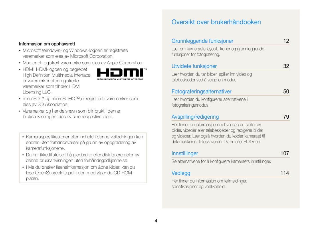 Samsung EC-ST65ZZBPSE2 Oversikt over brukerhåndboken, 107, 114, Informasjon om opphavsrett, Funksjoner for fotografering 