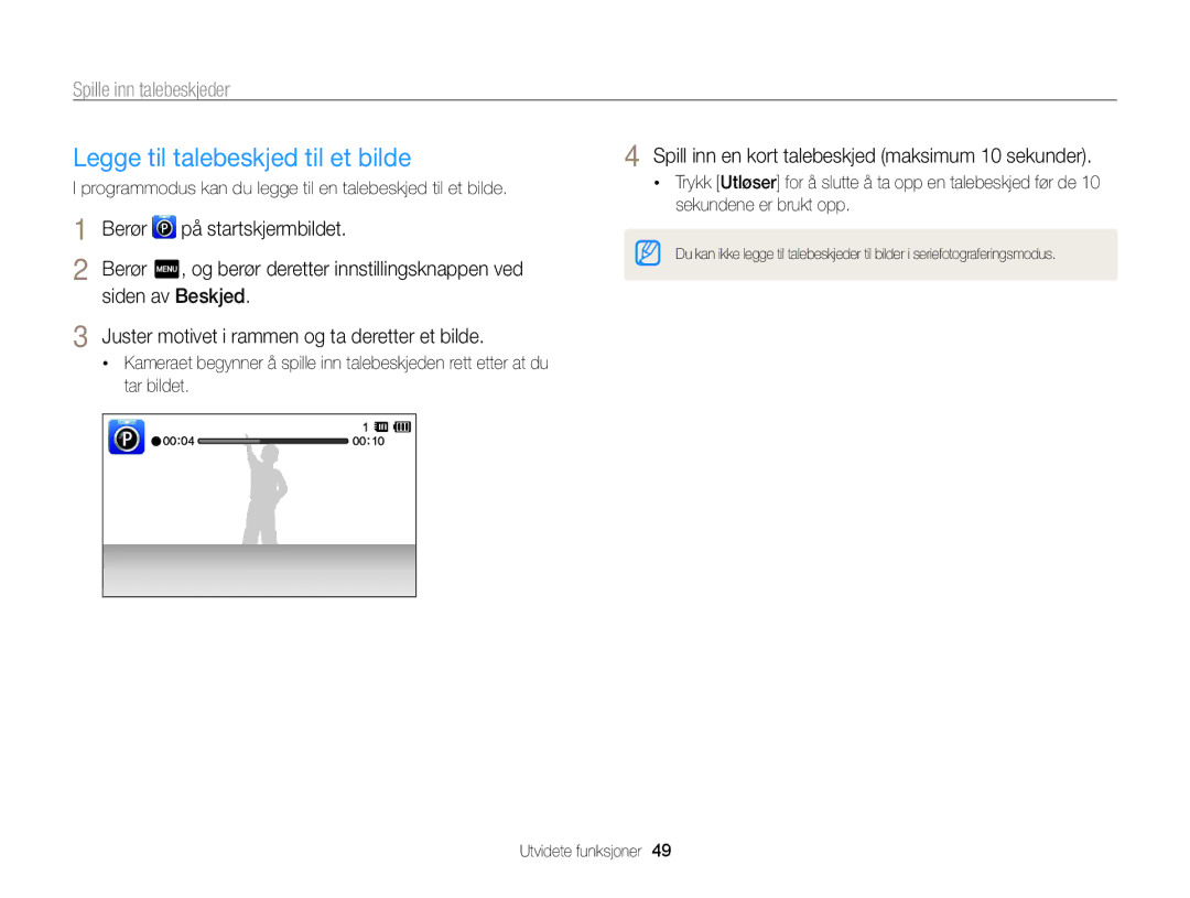 Samsung EC-ST65ZZBPUE2, EC-ST65ZZBPRE2 manual Legge til talebeskjed til et bilde, Spille inn talebeskjeder, Siden av Beskjed 