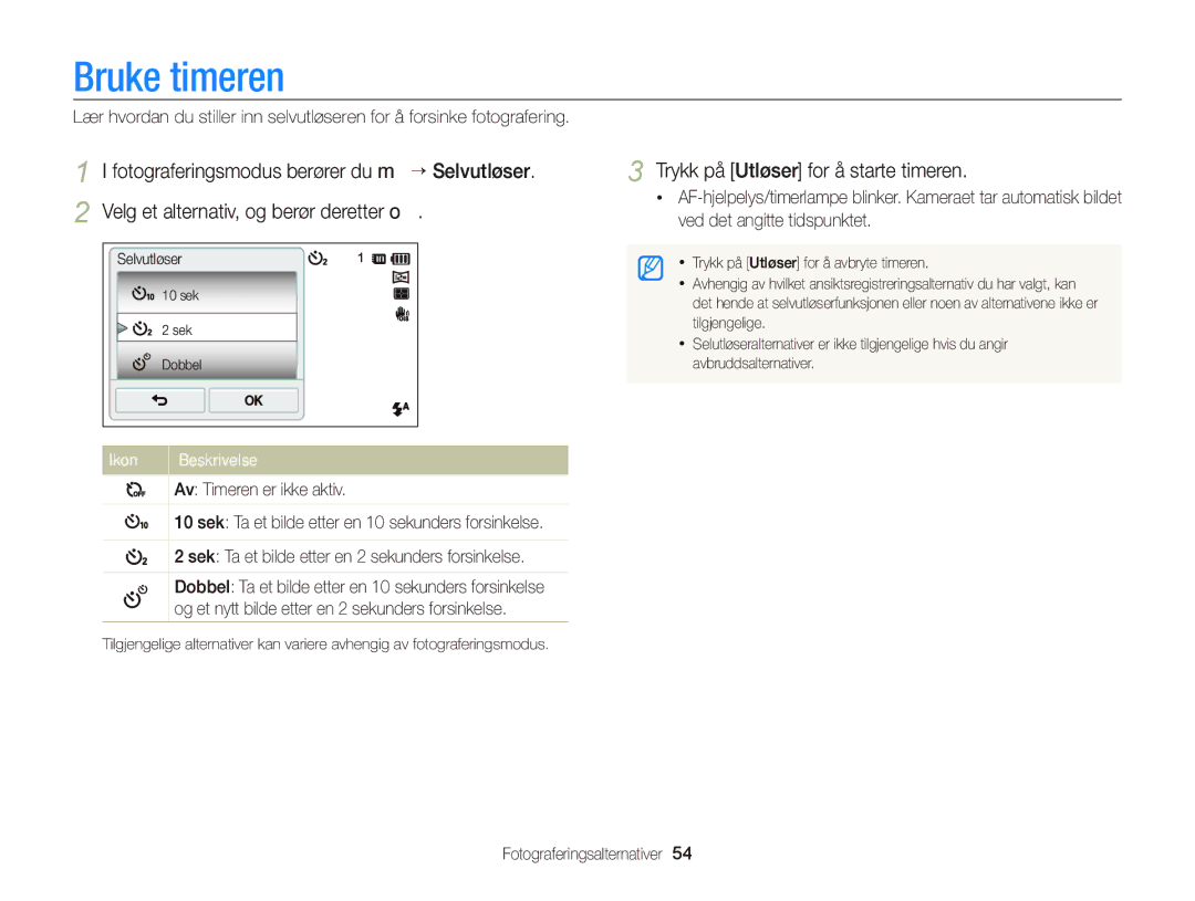 Samsung EC-ST65ZZBPEE2, EC-ST65ZZBPRE2, EC-ST65ZZBPSE2 manual Bruke timeren, Trykk på Utløser for å starte timeren, Ikon 