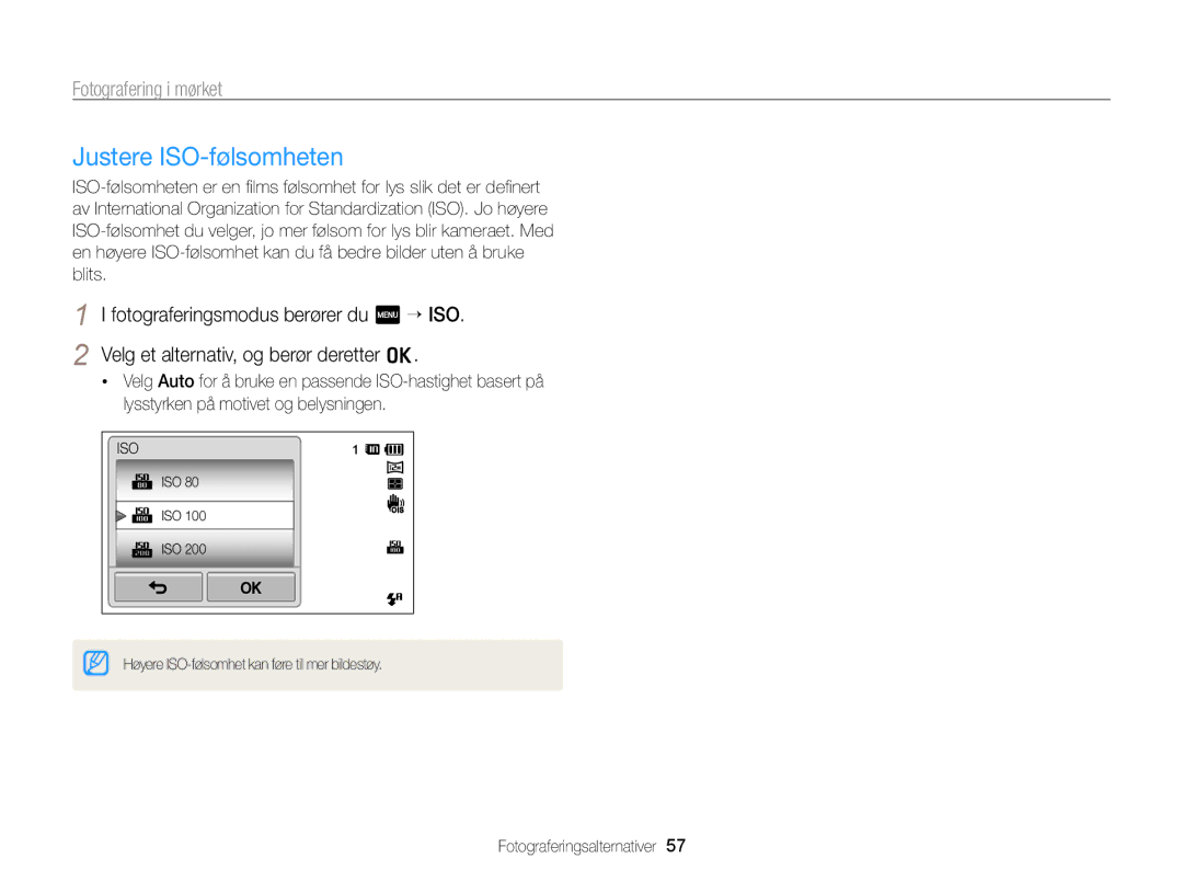 Samsung EC-ST65ZZBPUE2, EC-ST65ZZBPRE2, EC-ST65ZZBPSE2, EC-ST65ZZBPEE2 manual Justere ISO-følsomheten 