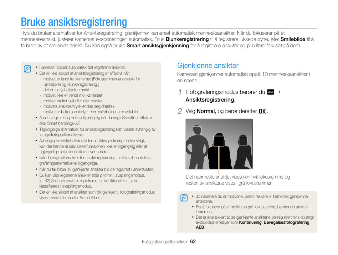 Samsung EC-ST65ZZBPEE2, EC-ST65ZZBPRE2, EC-ST65ZZBPSE2, EC-ST65ZZBPUE2 manual Bruke ansiktsregistrering, Gjenkjenne ansikter 