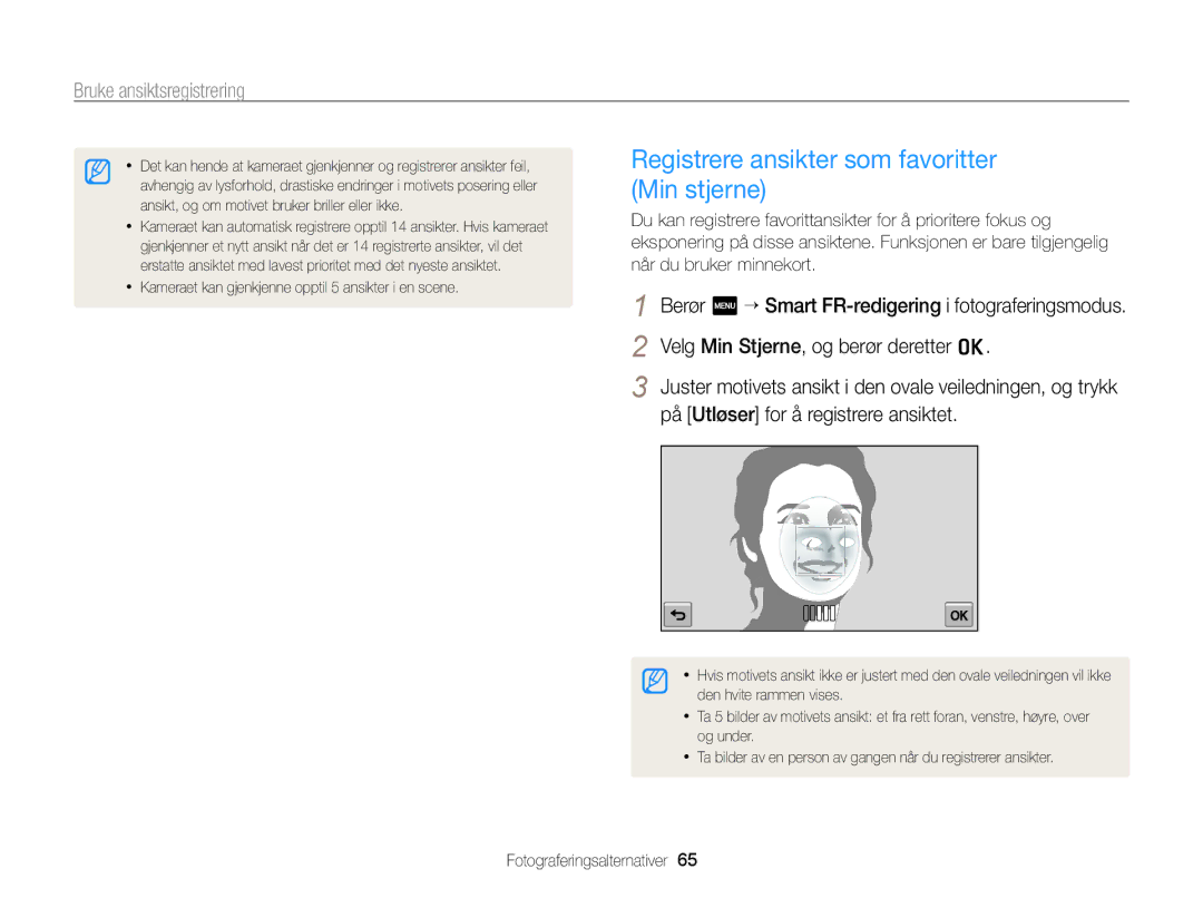 Samsung EC-ST65ZZBPUE2, EC-ST65ZZBPRE2, EC-ST65ZZBPSE2, EC-ST65ZZBPEE2 manual Registrere ansikter som favoritter Min stjerne 