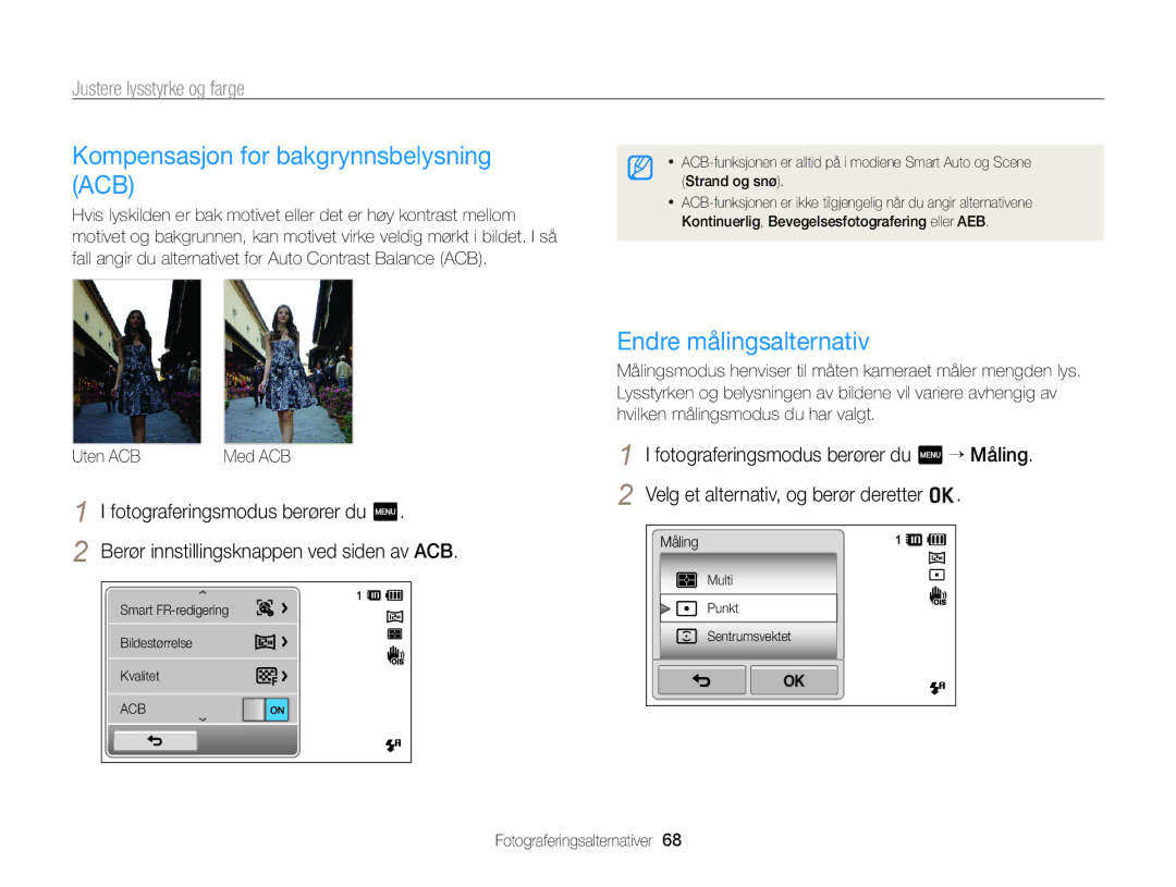 Samsung EC-ST65ZZBPSE2 manual Kompensasjon for bakgrynnsbelysning ACB, Endre målingsalternativ, Justere lysstyrke og farge 