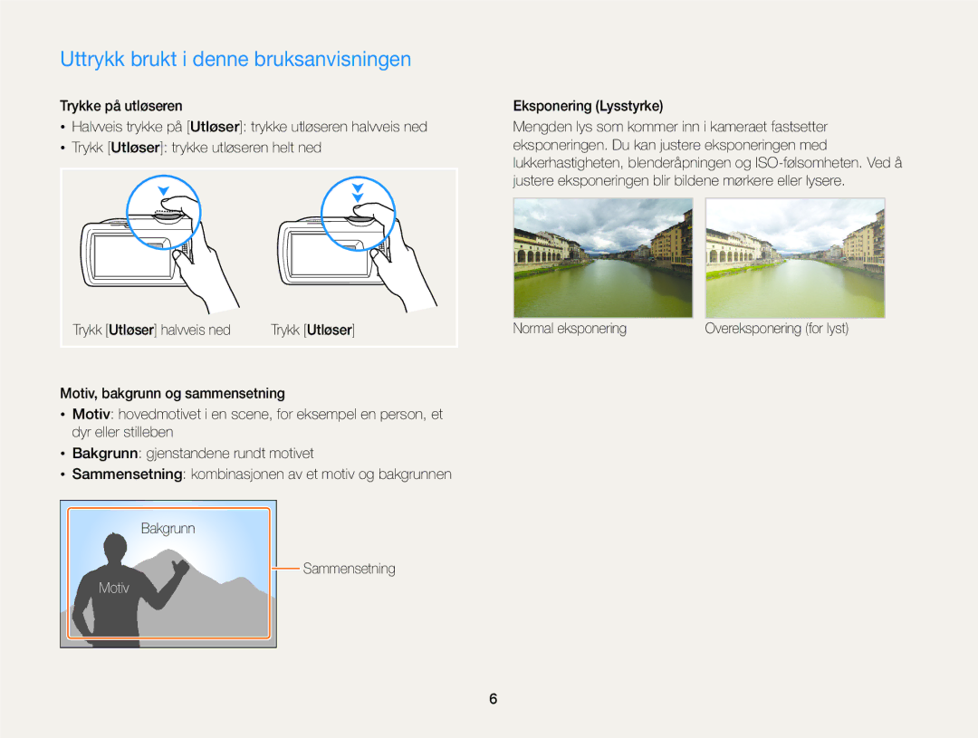 Samsung EC-ST65ZZBPEE2 manual Uttrykk brukt i denne bruksanvisningen, Motiv, Eksponering Lysstyrke, Normal eksponering 