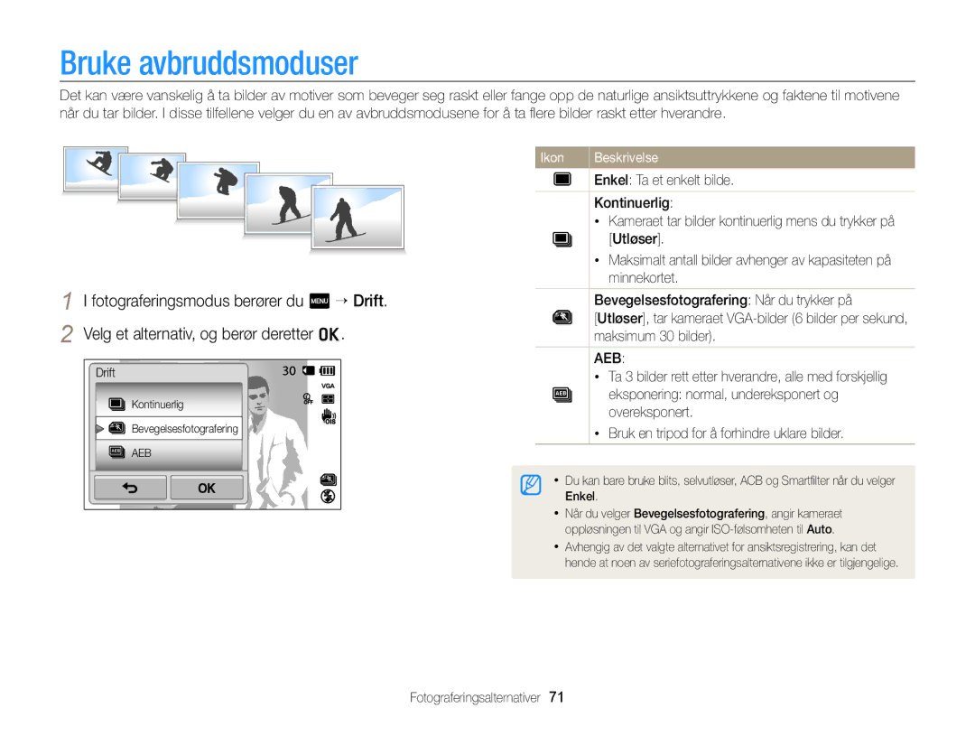 Samsung EC-ST65ZZBPRE2, EC-ST65ZZBPSE2, EC-ST65ZZBPUE2, EC-ST65ZZBPEE2 manual Bruke avbruddsmoduser 