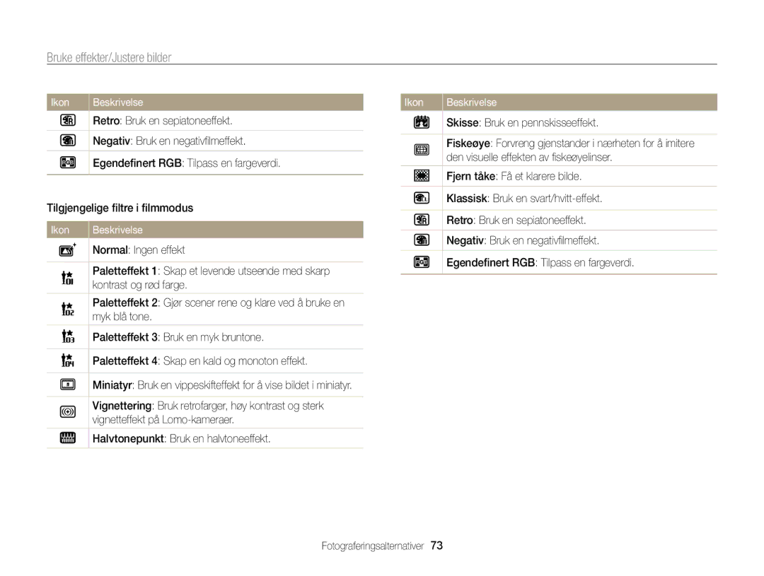 Samsung EC-ST65ZZBPUE2, EC-ST65ZZBPRE2, EC-ST65ZZBPSE2, EC-ST65ZZBPEE2 manual Bruke effekter/Justere bilder 