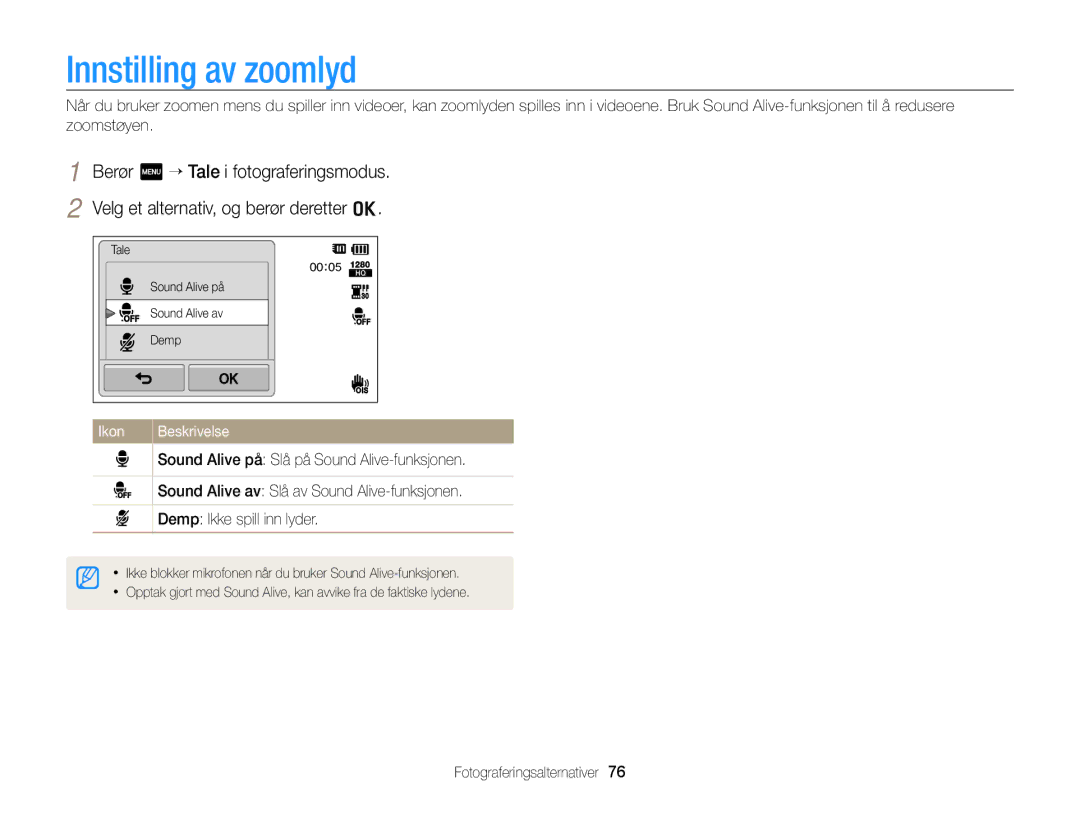 Samsung EC-ST65ZZBPSE2, EC-ST65ZZBPRE2, EC-ST65ZZBPUE2, EC-ST65ZZBPEE2 manual Innstilling av zoomlyd, Ikon Beskrivelse 