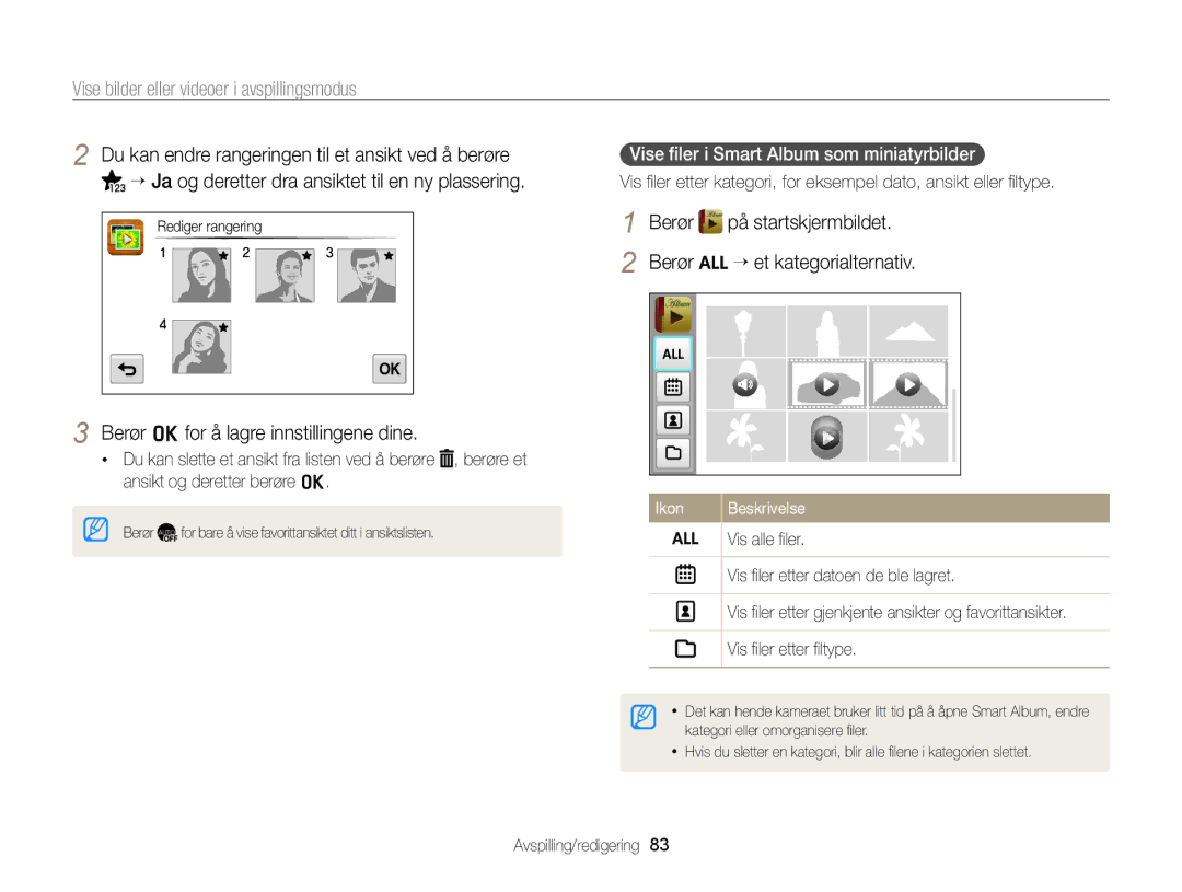 Samsung EC-ST65ZZBPRE2 Vise ﬁler i Smart Album som miniatyrbilder, Vis alle ﬁler, Vis ﬁler etter datoen de ble lagret 