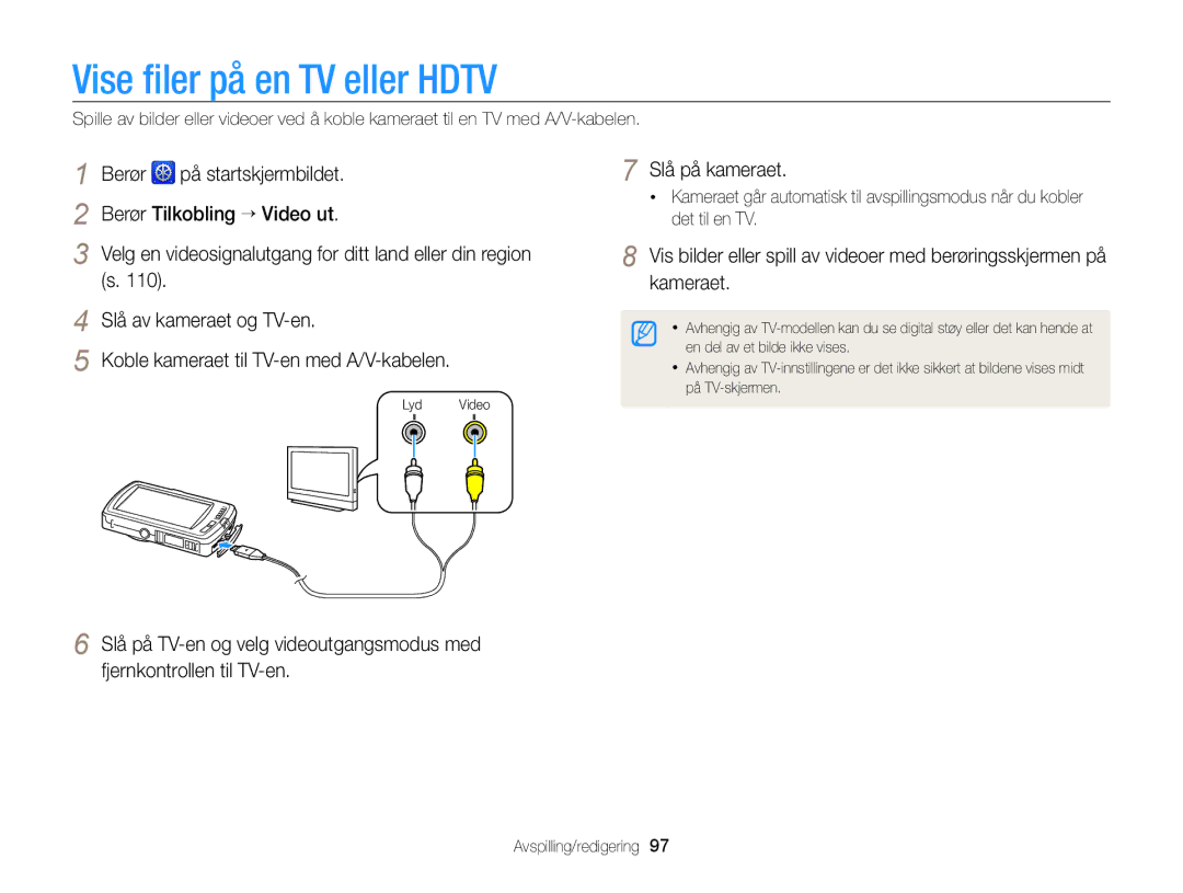 Samsung EC-ST65ZZBPUE2 manual Vise ﬁler på en TV eller Hdtv, Berør På startskjermbildet Berør Tilkobling “ Video ut 