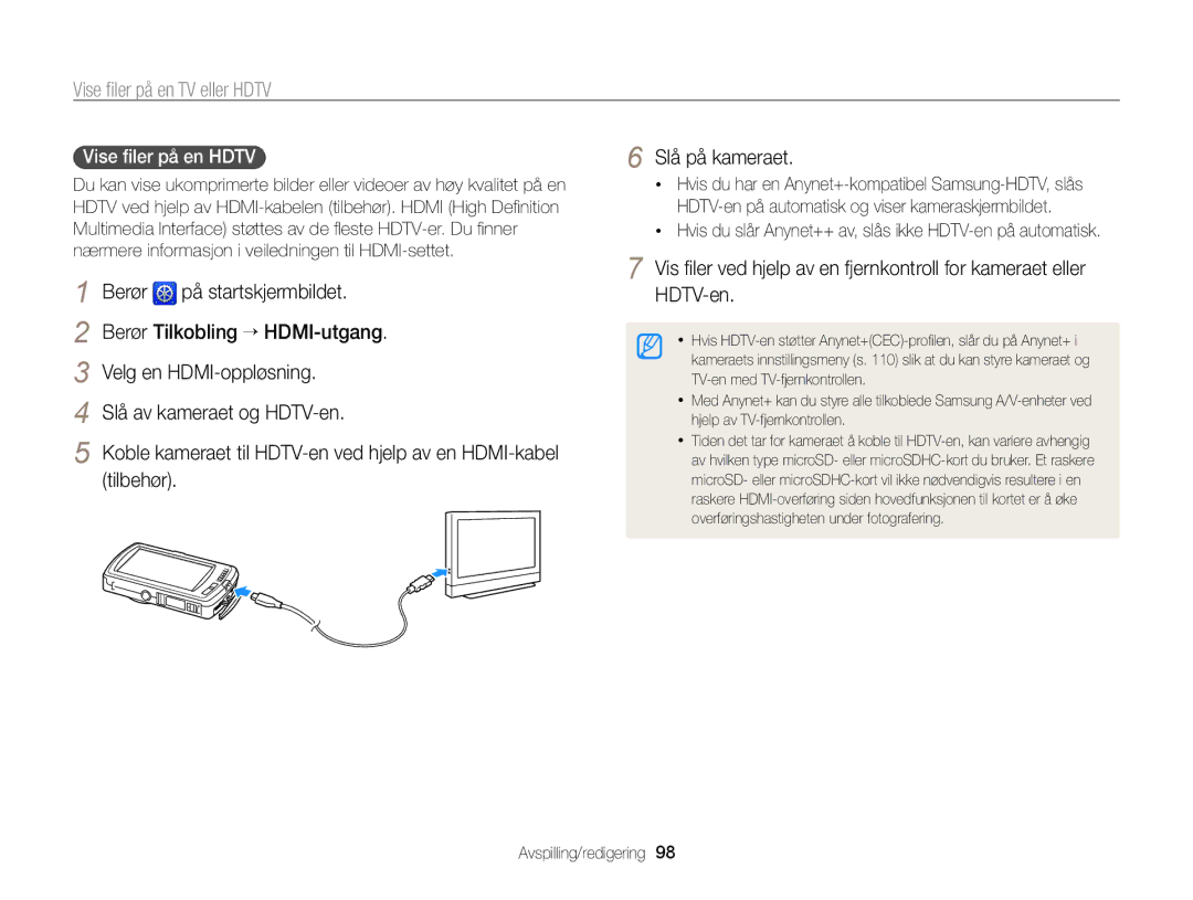 Samsung EC-ST65ZZBPEE2 Vise ﬁler på en TV eller Hdtv, Berør Tilkobling “ HDMI-utgang, Velg en HDMI-oppløsning, Tilbehør 