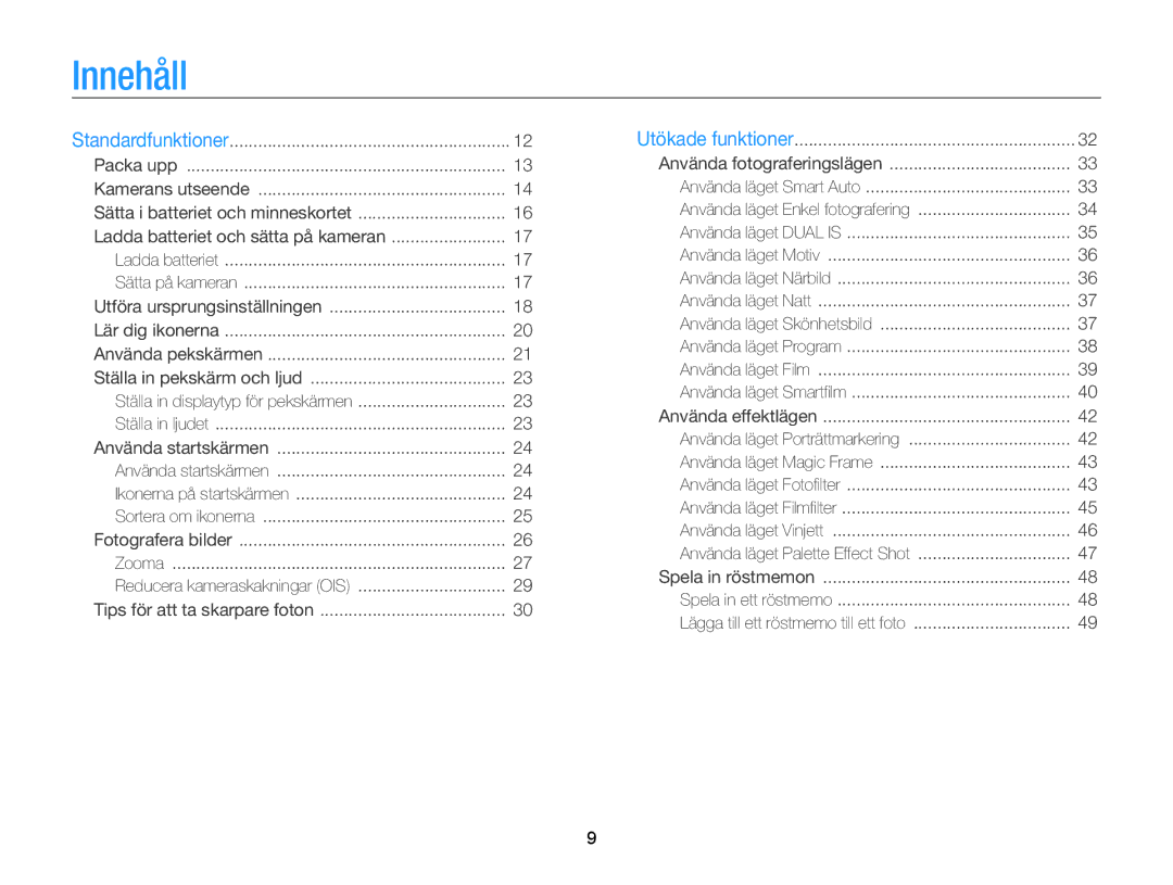 Samsung EC-ST65ZZBPUE2, EC-ST65ZZBPRE2, EC-ST65ZZBPSE2, EC-ST65ZZBPEE2 manual Innehåll 