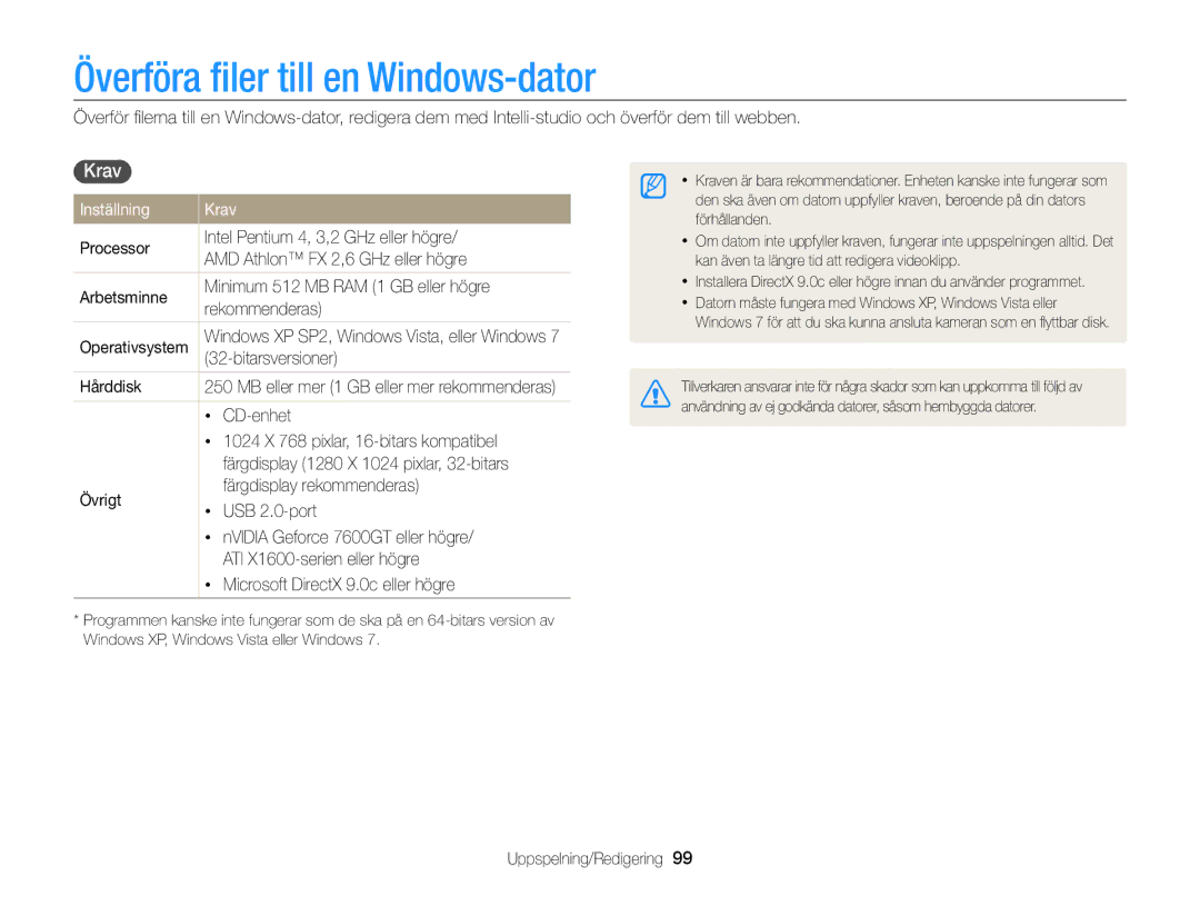 Samsung EC-ST65ZZBPRE2, EC-ST65ZZBPSE2, EC-ST65ZZBPUE2 manual Överföra ﬁler till en Windows-dator, Inställning Krav 