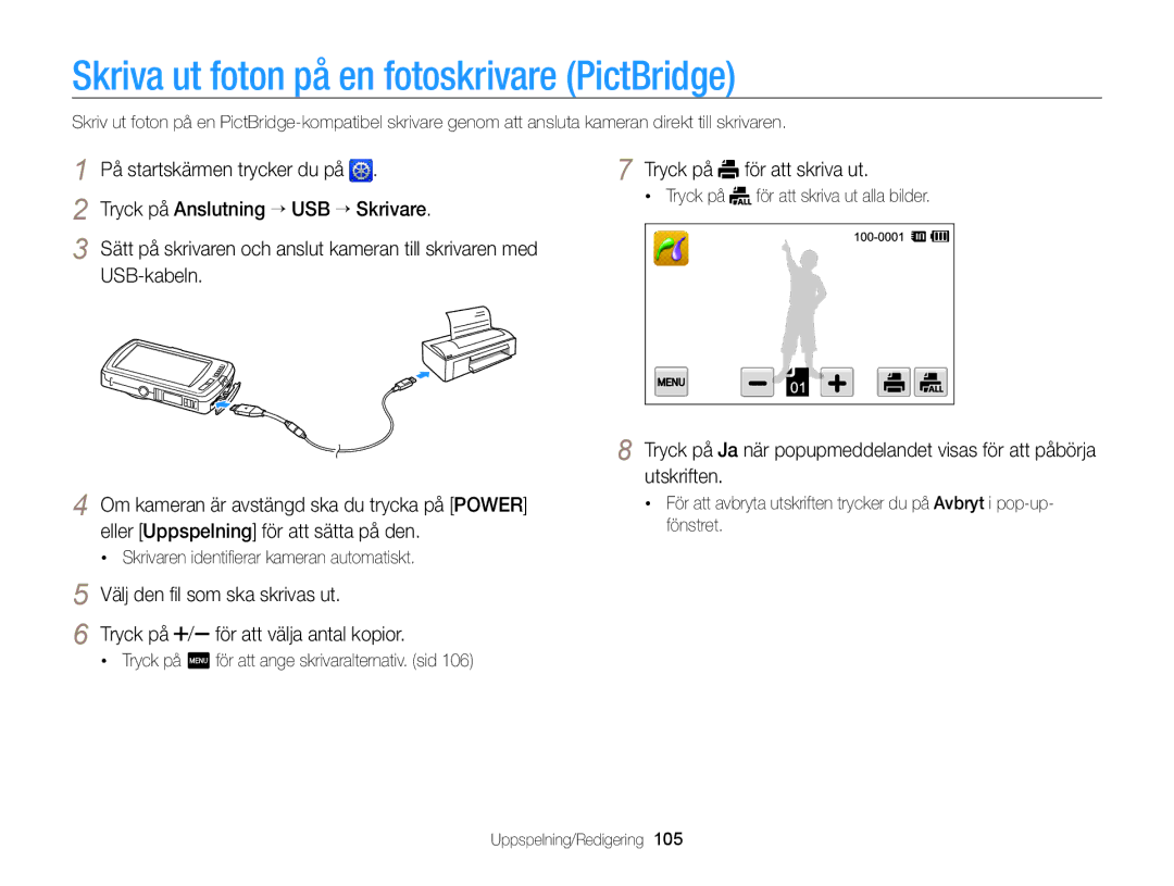 Samsung EC-ST65ZZBPUE2, EC-ST65ZZBPRE2, EC-ST65ZZBPSE2, EC-ST65ZZBPEE2 manual Skriva ut foton på en fotoskrivare PictBridge 