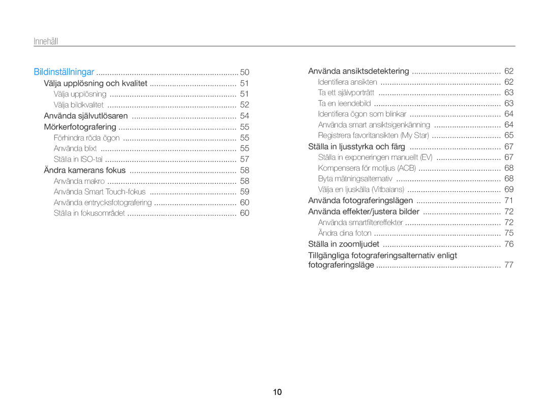 Samsung EC-ST65ZZBPEE2, EC-ST65ZZBPRE2, EC-ST65ZZBPSE2, EC-ST65ZZBPUE2 manual Innehåll 