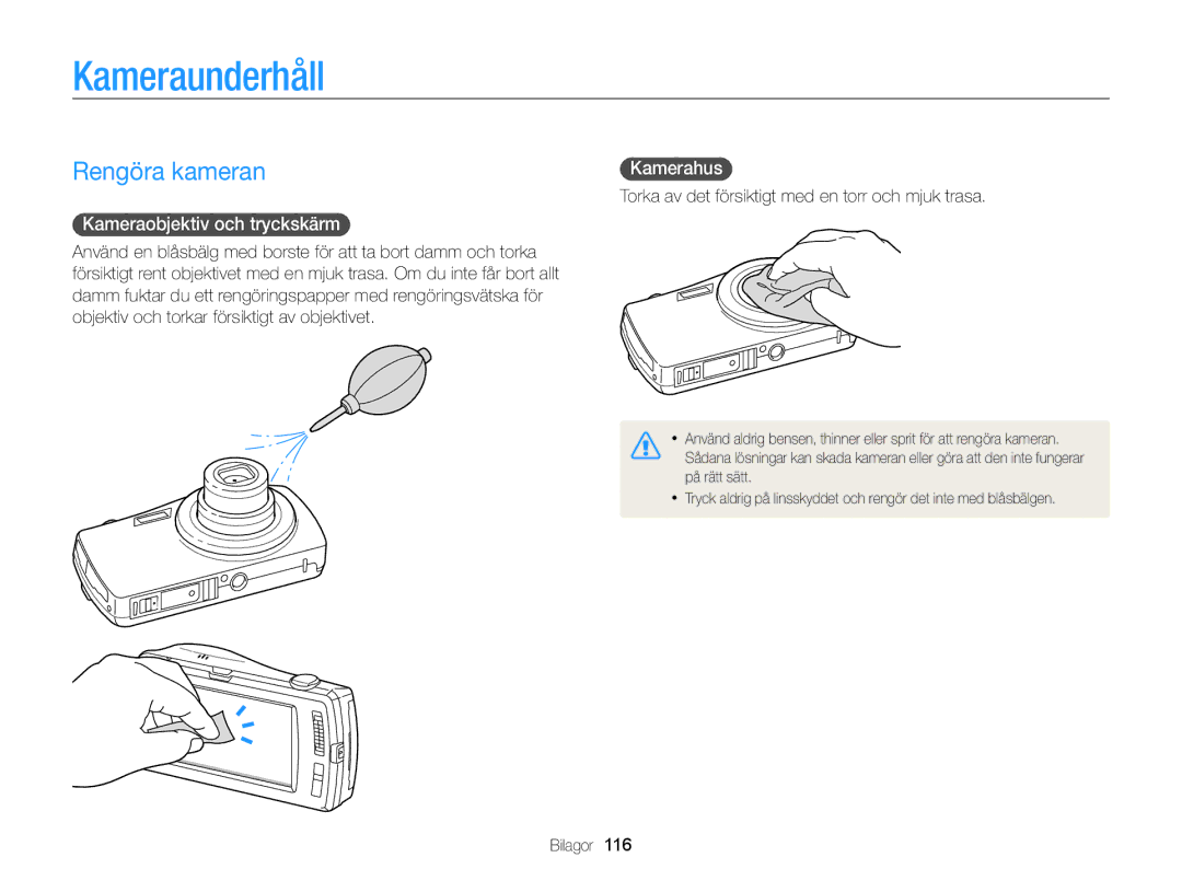 Samsung EC-ST65ZZBPSE2, EC-ST65ZZBPRE2 manual Kameraunderhåll, Rengöra kameran, Kameraobjektiv och tryckskärm, Kamerahus 