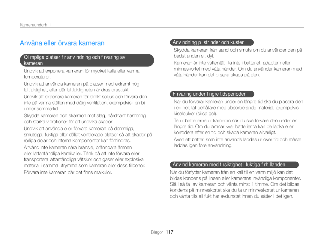 Samsung EC-ST65ZZBPUE2, EC-ST65ZZBPRE2, EC-ST65ZZBPSE2, EC-ST65ZZBPEE2 manual Använda eller förvara kameran, Kameraunderhåll 