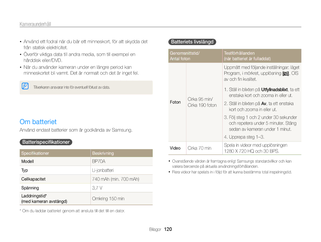 Samsung EC-ST65ZZBPSE2 manual Om batteriet, Batterispeciﬁkationer, Batteriets livslängd, Speciﬁkationer Beskrivning 