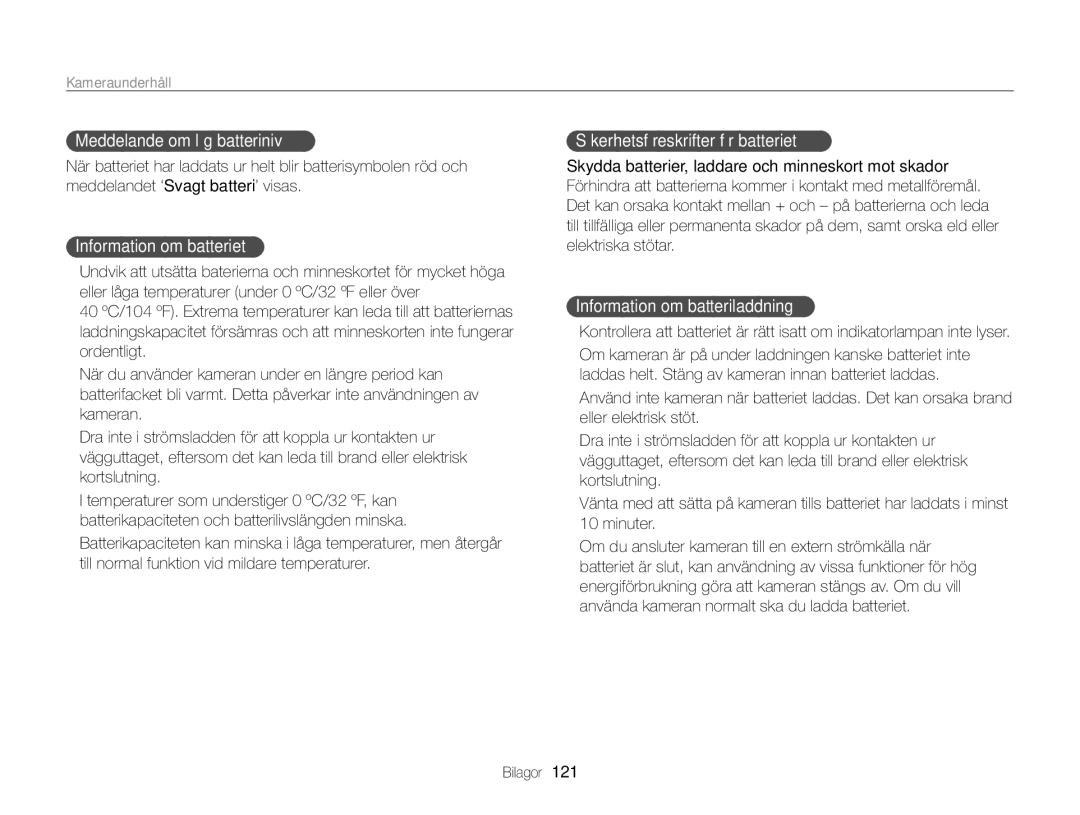 Samsung EC-ST65ZZBPUE2 manual Meddelande om låg batterinivå, Information om batteriet, Säkerhetsföreskrifter för batteriet 