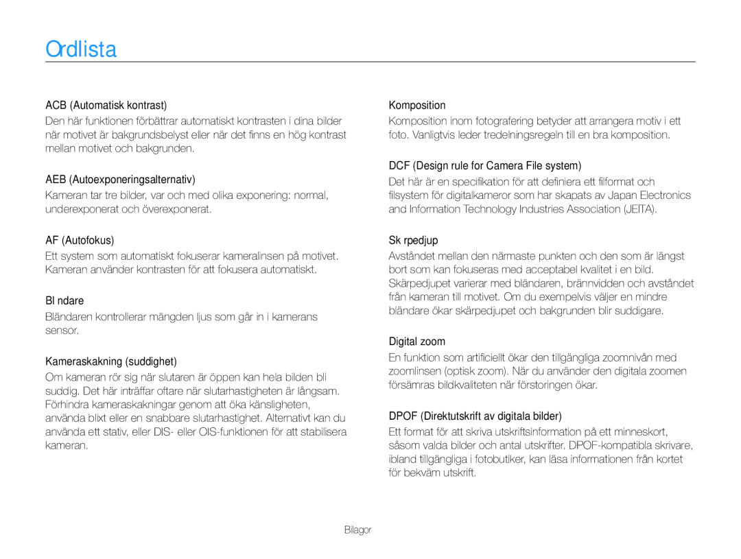 Samsung EC-ST65ZZBPRE2, EC-ST65ZZBPSE2, EC-ST65ZZBPUE2 manual Ordlista, DCF Design rule for Camera File system, Skärpedjup 