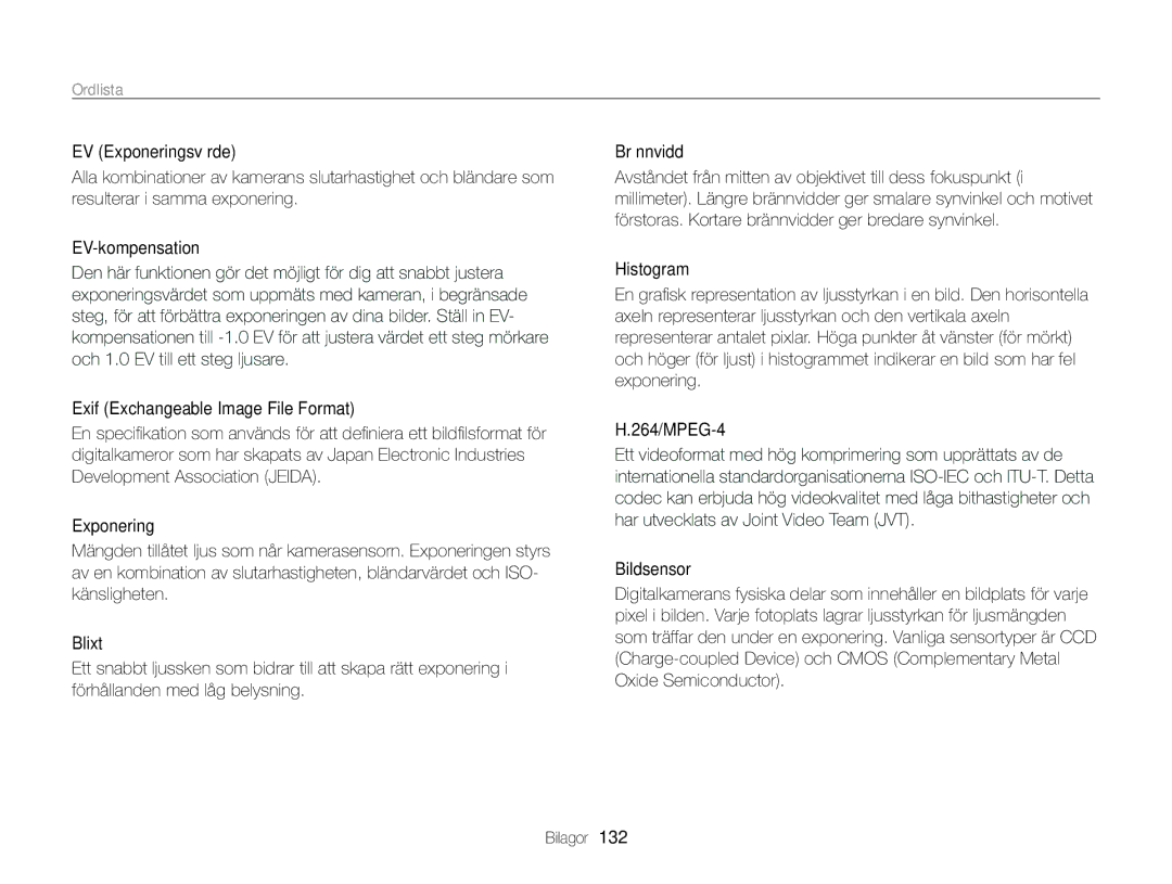 Samsung EC-ST65ZZBPSE2, EC-ST65ZZBPRE2, EC-ST65ZZBPUE2, EC-ST65ZZBPEE2 manual Ordlista 