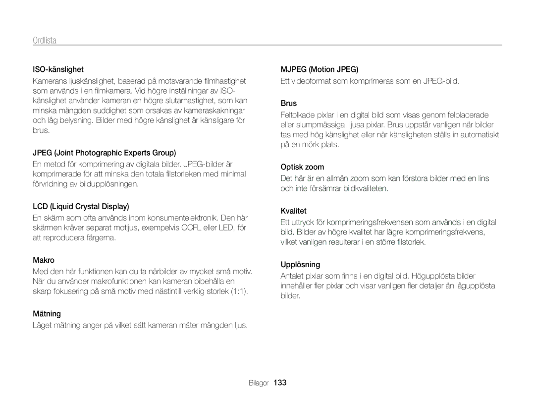 Samsung EC-ST65ZZBPUE2, EC-ST65ZZBPRE2, EC-ST65ZZBPSE2, EC-ST65ZZBPEE2 manual Ordlista 