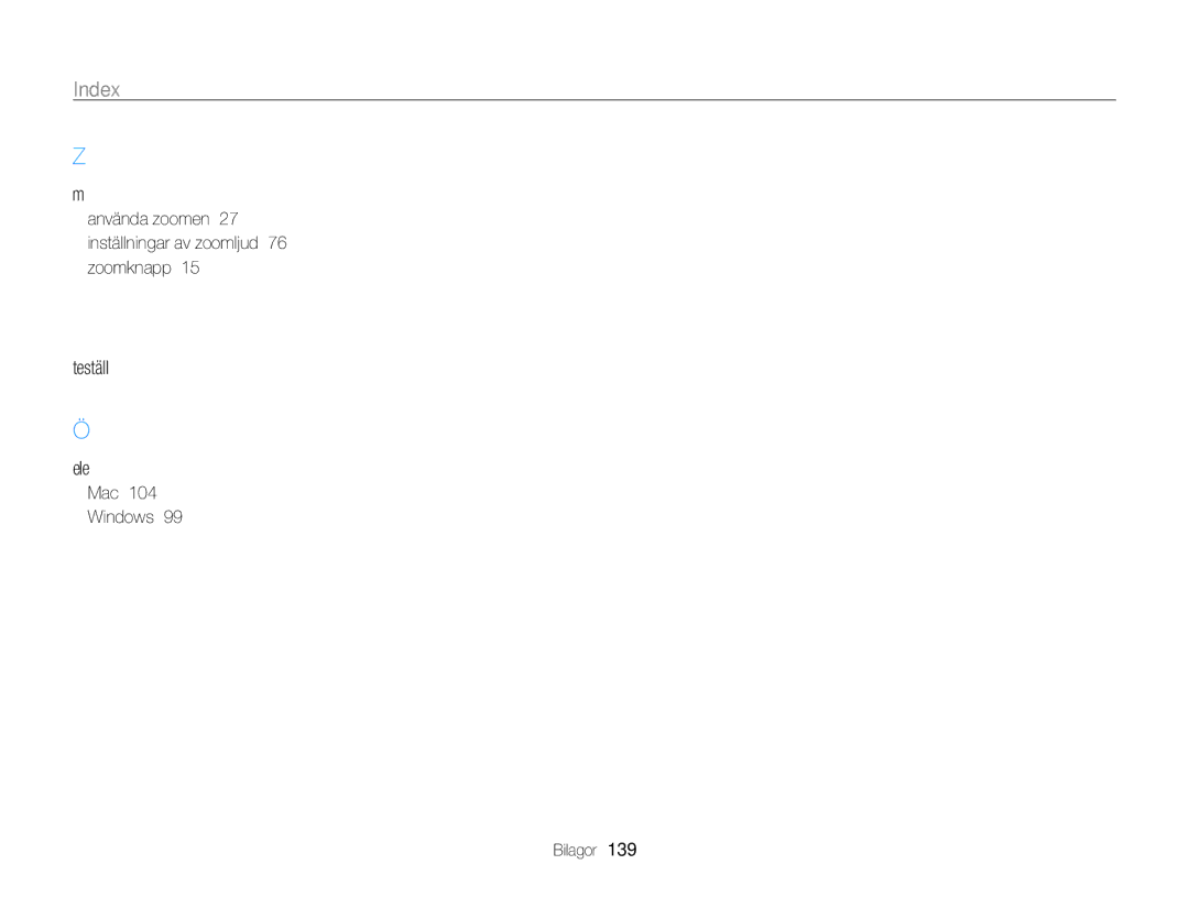 Samsung EC-ST65ZZBPRE2, EC-ST65ZZBPSE2 manual Använda zoomen 27 inställningar av zoomljud 76 zoomknapp, Mac Windows Bilagor 