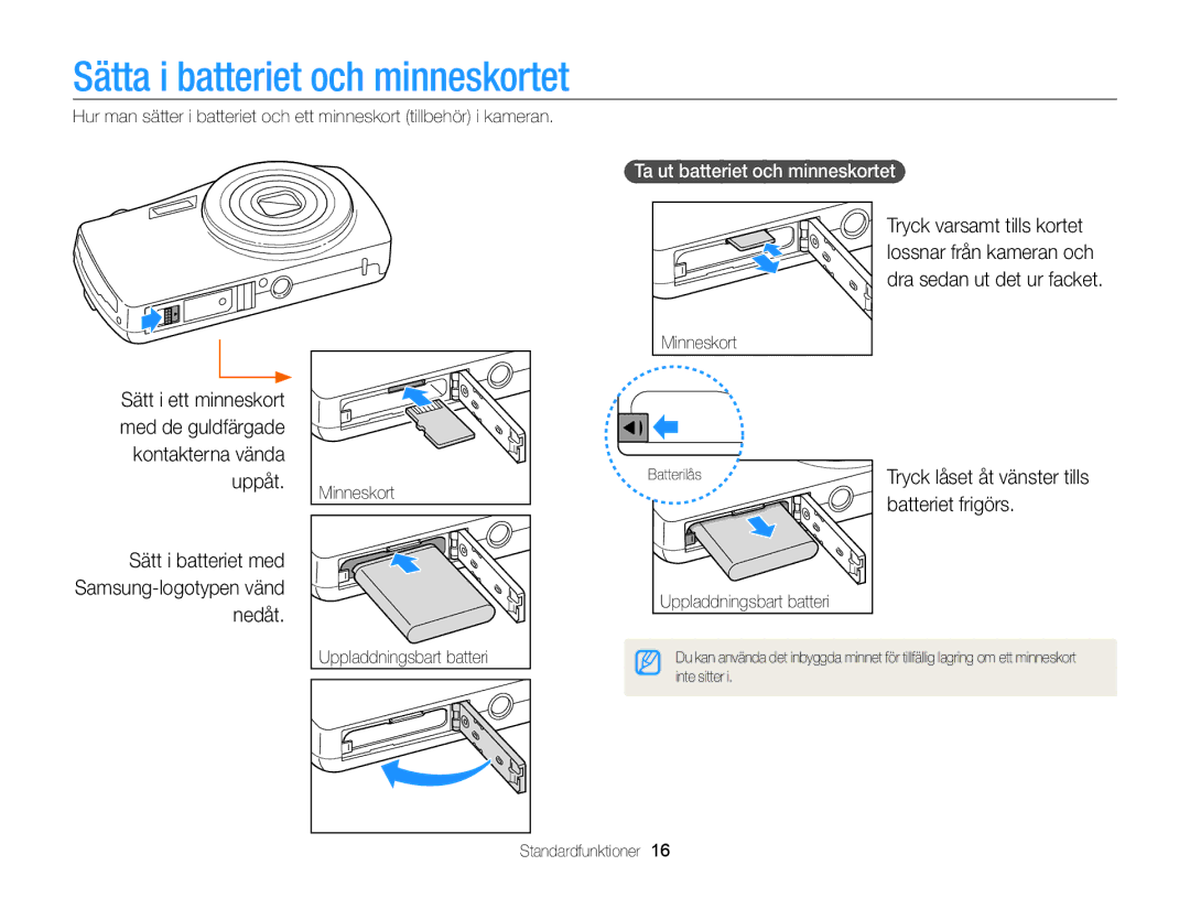 Samsung EC-ST65ZZBPSE2 manual Sätta i batteriet och minneskortet, Sätt i batteriet med Samsung-logotypen vänd nedåt 