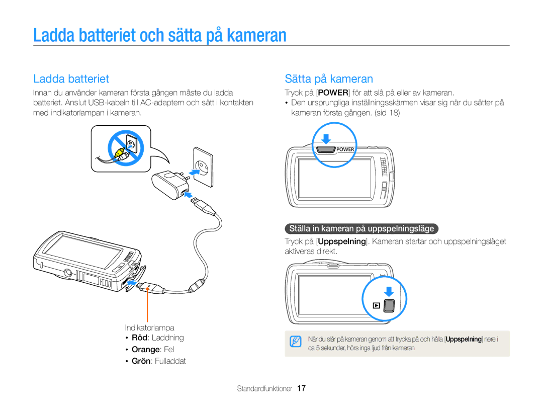 Samsung EC-ST65ZZBPUE2 manual Ladda batteriet och sätta på kameran, Sätta på kameran, Ställa in kameran på uppspelningsläge 