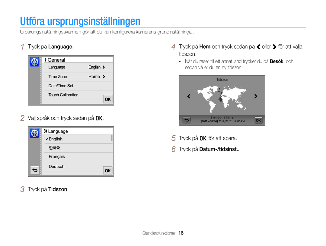 Samsung EC-ST65ZZBPEE2 manual Utföra ursprungsinställningen, Tryck på Language, Tidszon, Välj språk och tryck sedan på o 