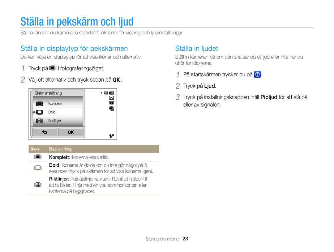 Samsung EC-ST65ZZBPRE2, EC-ST65ZZBPSE2 Ställa in pekskärm och ljud, Ställa in displaytyp för pekskärmen, Ställa in ljudet 