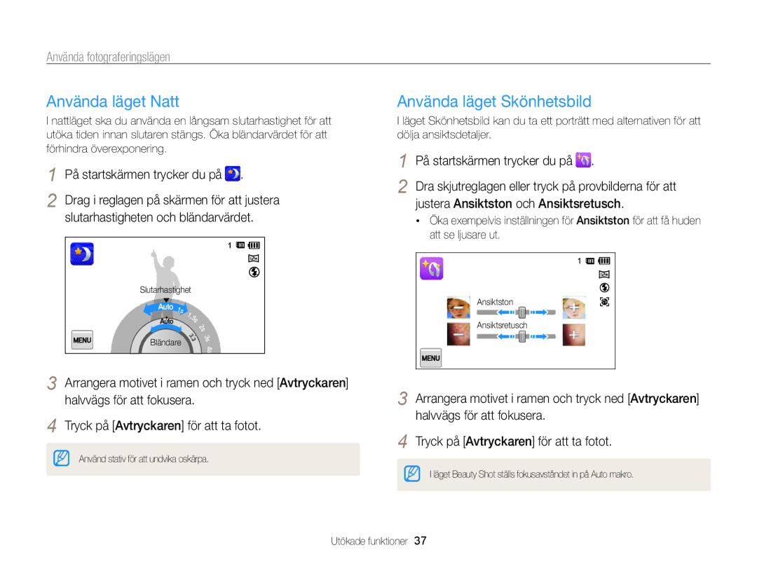 Samsung EC-ST65ZZBPUE2 manual Använda läget Natt, Använda läget Skönhetsbild, Justera Ansiktston och Ansiktsretusch 