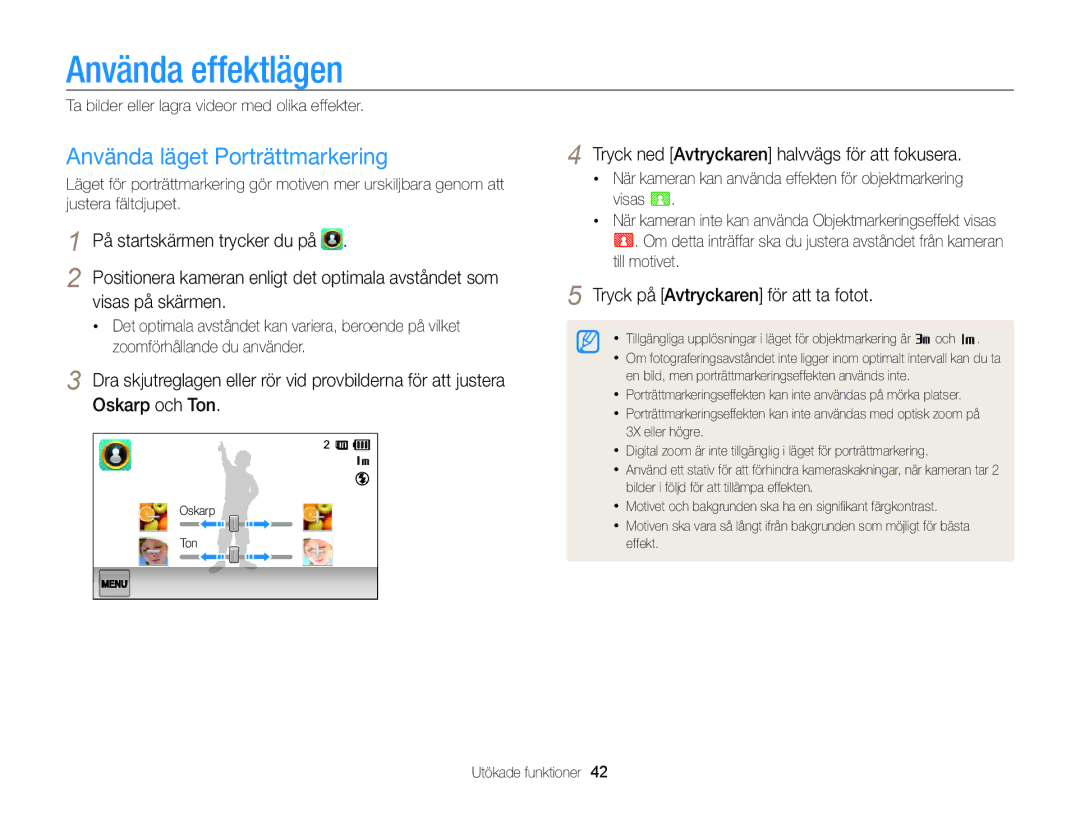 Samsung EC-ST65ZZBPEE2 manual Använda effektlägen, Använda läget Porträttmarkering, Visas på skärmen, Oskarp och Ton 