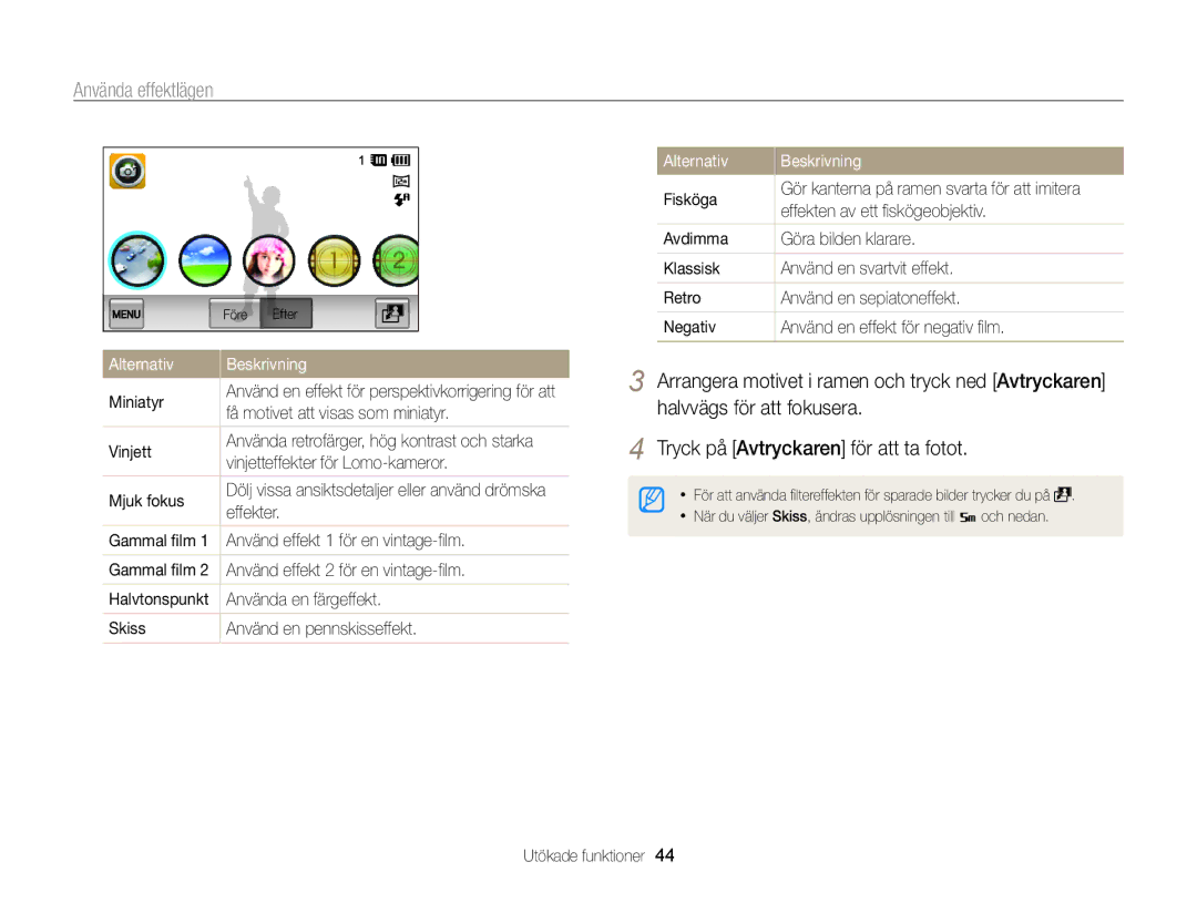 Samsung EC-ST65ZZBPSE2, EC-ST65ZZBPRE2, EC-ST65ZZBPUE2, EC-ST65ZZBPEE2 manual Halvvägs för att fokusera 